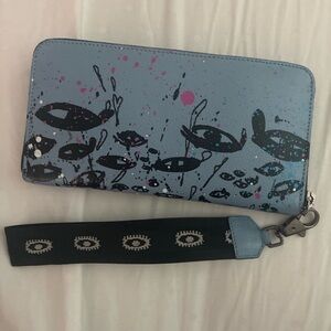 Min and Mon Light Blue Fish Print Zip Wallet with Detachable Strap